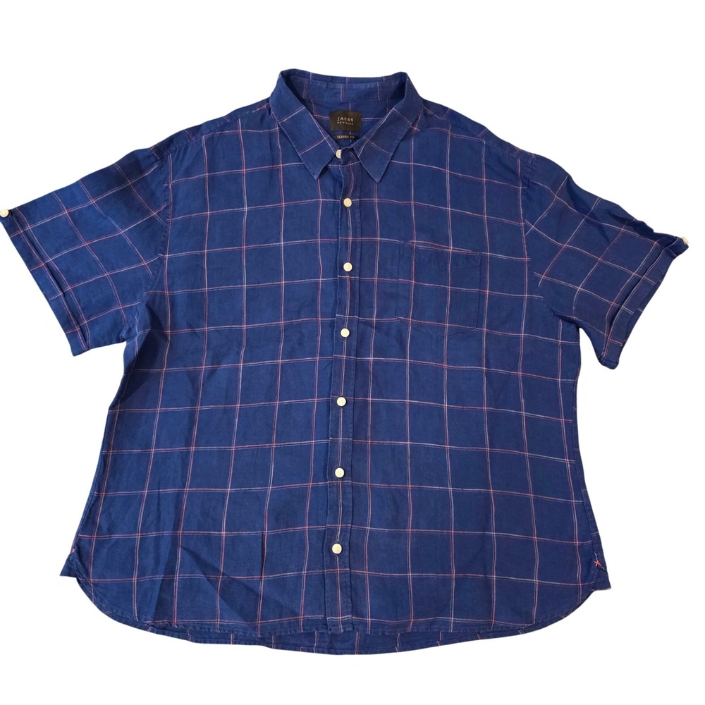 Jachs New York Mens 2XL Short Sleeve Linen Shirt Blue Plaid J21B-221-IL3